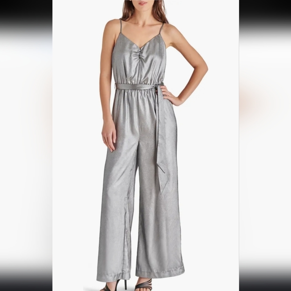 NWT Steve Madden Liquid Metallic Crepe Jumpsuit In Silver Adjustable Strap